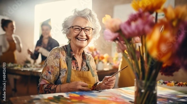 Fototapeta A senior woman, a smiling artist, enjoys painting activities in the studio with her friends in art class.