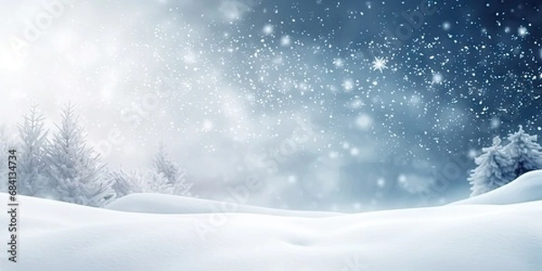 Fototapeta Winter wonderland bliss for xmas. Scenic landscape blanketed in pristine white snow adorned with sparkling snowflakes and icy delights creating magical seasonal background for christmas