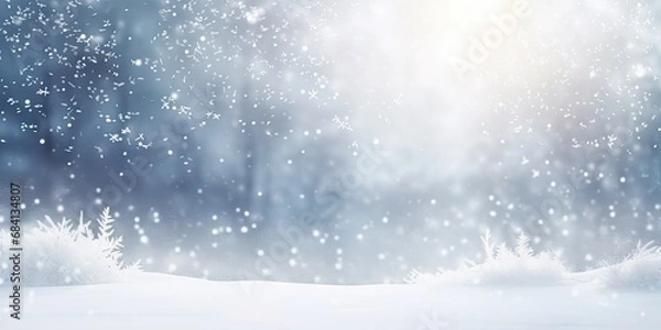 Fototapeta Winter wonderland bliss for xmas. Scenic landscape blanketed in pristine white snow adorned with sparkling snowflakes and icy delights creating magical seasonal background for christmas