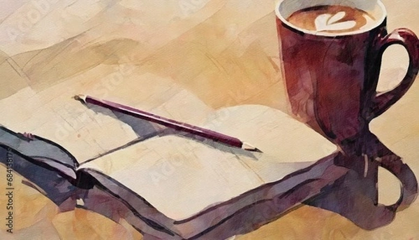 Obraz ホットコーヒーと日記帳　イラスト