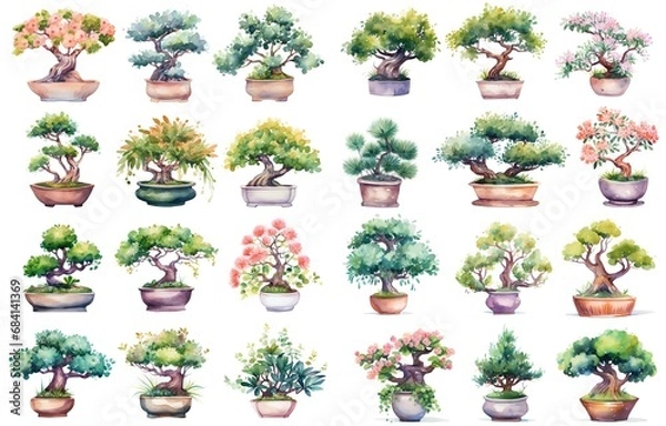 Fototapeta watercolor style illustration of various type bon-sai tree in pot or tray flower blossoming summer and spring, collection set isolated on white background, Generative Ai