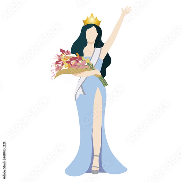 Obraz An elegant beauty queen winner in soft blue evening gown with sash and crown, and holding flower bouquet. Vector illustration on white background