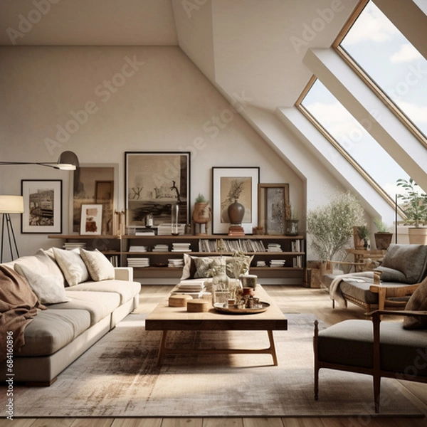Fototapeta Modern Danish living room design with tall ceiling with old-world Parisian touches