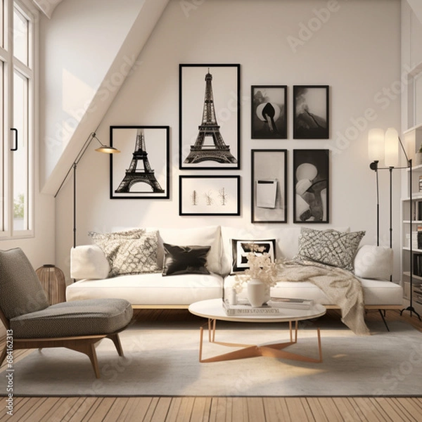 Fototapeta Modern Danish living room design with tall ceiling with old-world Parisian touches