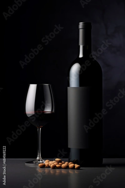 Fototapeta A black wine bottle with blank label with a nearby glass of wine and nuts, on a dark background. Mock up, copy space