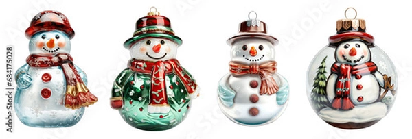 Fototapeta Set of nostalgic glass hanging snowman figurine decoration for Christmas isolated on transparent background