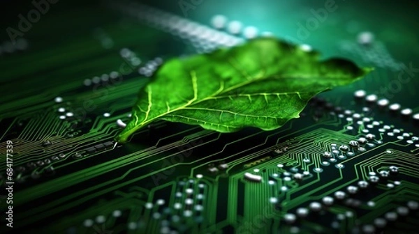 Fototapeta Green leaf on computer circuit board, eco-friendly technology, sustainable computing, environment conservation