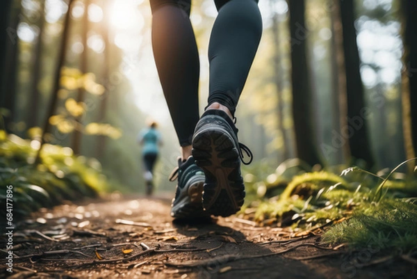 Fototapeta closeup photo similar of feet walking with running shoes and sport leggins at a path in the forest