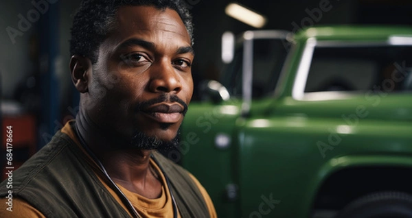 Fototapeta African American car service mechanic man in uniform stands against the background of a car with an open hood, smiles and looks at the camera. Car repair and maintenance. banner for auto repair shop