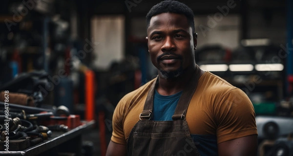 Obraz African American car service mechanic man in uniform stands against the background of a car with an open hood, smiles and looks at the camera. Car repair and maintenance. banner for auto repair shop