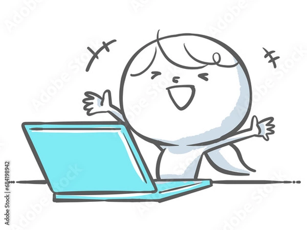 Obraz 青いノートパソコンと万歳して喜ぶ白い人