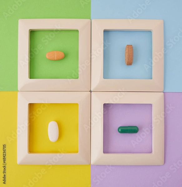 Obraz four frames with pills on a multi-colored background