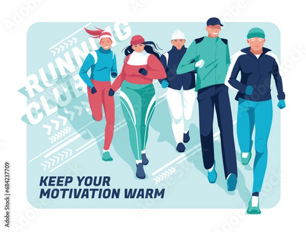 Fototapeta Banner for advertising running competitions or training. A group of athletes wearing warm clothes are running on an abstract background. Season of winter runs. Different races, fat people.