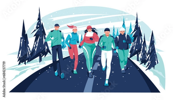 Fototapeta Marathon race group - flat cartoon modern vector illustration of running men and women in snow on winter country road. Running in the cold season. Creative landing page design template, web banner