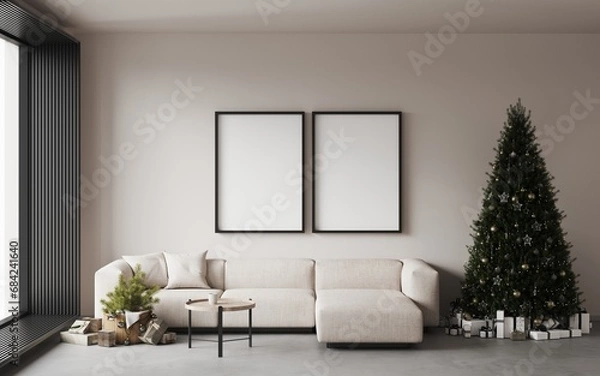 Fototapeta Cozy christmas living room decorated big christmas pine tree, garlands, white sofa, two empty frames on the wall, mockup for art, gifts under the tree. Panoramic window. New year's interior.3d render