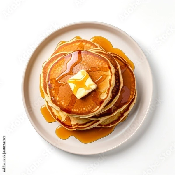 Obraz Top view of pancakes with butter and honey on white background.