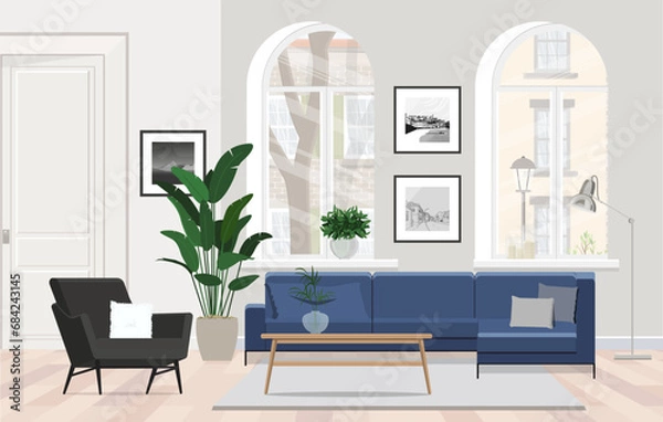 Fototapeta Blue sofa in a Scandinavian apartment with an armchair, coffee table and large windows.