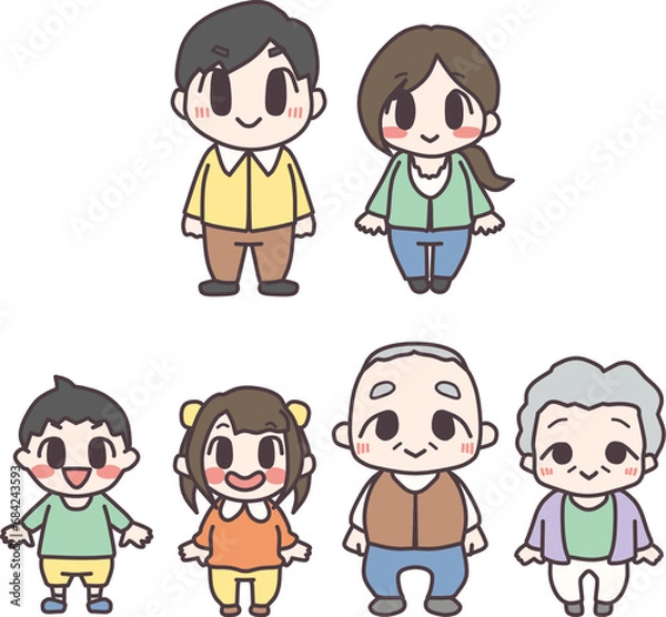 Obraz 頭身低めにかわいくデフォルメした家族三世代のカラーイラストセット