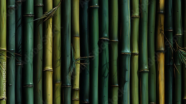 Obraz A seamless pictrure of green bamboo. in the style of tonal variations in color, dark emerald and light brown, flickr, textured organic forms, piles/stacks - Seamless tile. Endless and repeat print.