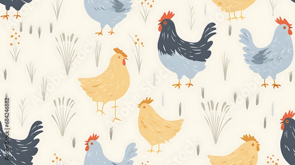 Fototapeta pattern with chicken, rooster and hen - Seamless tile. Endless and repeat print.