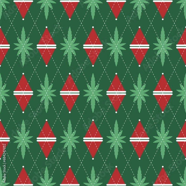 Fototapeta Abstract background seamless red and green diamond shape. Argyle style fabric pattern christmas hat and marijuana leaves. Texture design for textiles, clothes, posters, walls. Vector illustration.