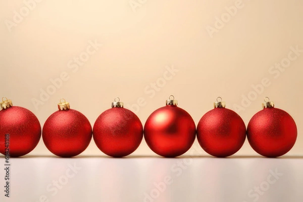 Obraz New Year background. Red Christmas balls on a light background, background with copyspace. AI generative.