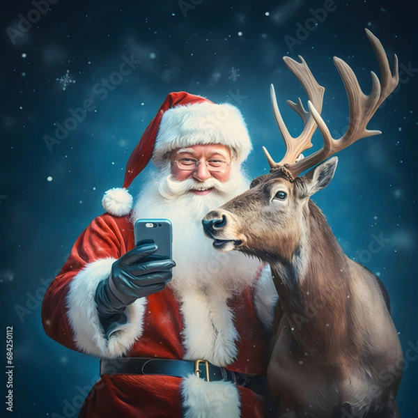 Fototapeta Portrait of Santa Claus in a red costume and a deer taking a selfie. Minimal funny New Year's concept. Pastel blue background