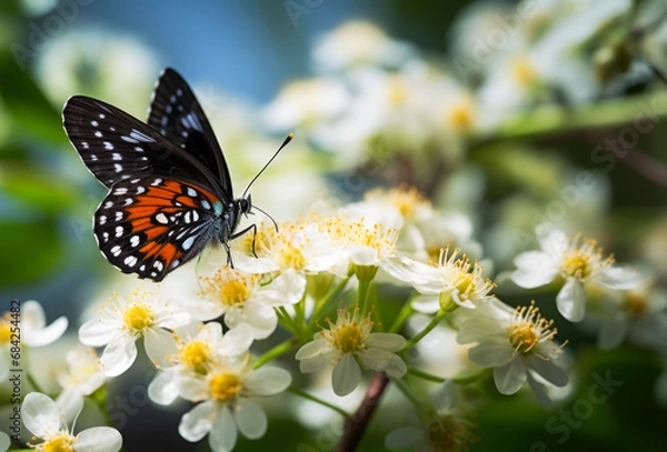 Fototapeta Beautiful black  Baltimore Checker spot butterfly (Euphydryas phaeton) on the flower close up