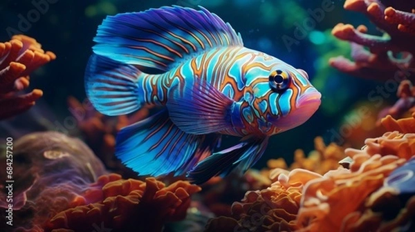 Fototapeta A close-up view of a Mandarin Fish displaying its striking, colorful pattern in crystal-clear waters, shot in