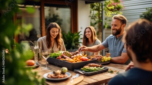 Fototapeta 
Backyard Dinner Table with Tasty Grilled Barbecue Meat, Fresh Vegetables and Salads. Happy Joyful People , Celebrating and Having Fun in the Background on House Porch