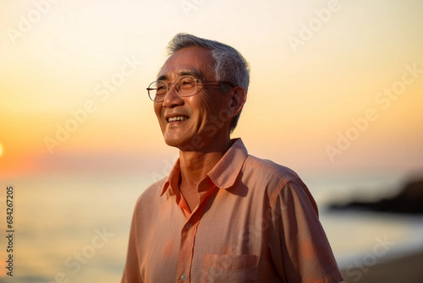 Fototapeta happy old man standing in front of sunset beach bokeh style background