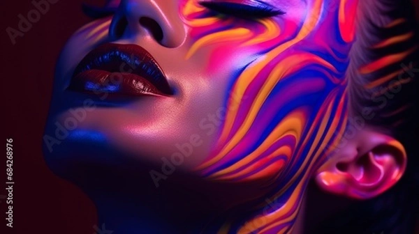 Fototapeta portrait of young beautiful woman with multi colored dye stylish makeup, pretty model female with multicoloured paint make up