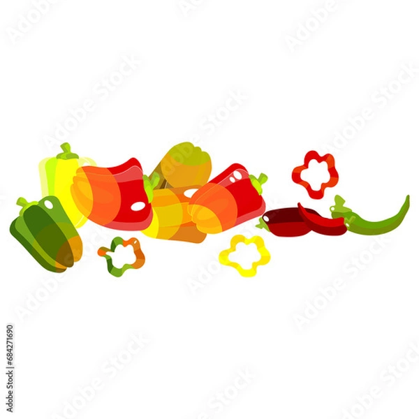 Fototapeta Pizza and ingredients. Sweet, Bulgarian peppers. Salad preparation. Vegetables. Vegetarian food. Healthy eating. Red bell peppers. Vector drawing