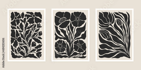 Fototapeta Abstract groovy floral poster set. Contemporary flower leaves design, botanical elements for print cut out style. Vector art