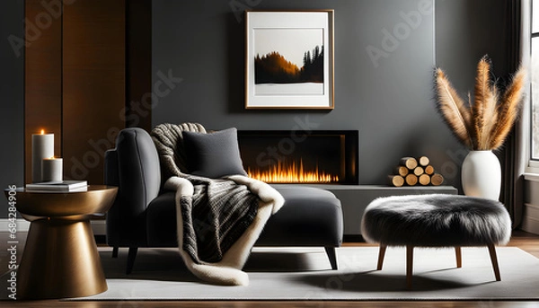 Fototapeta Interior design of a modern living room with a blanket on a gray sofa and pouf in a room with a fireplace. Hygge lifestyle,