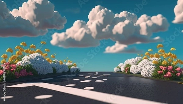 Obraz Sky and clouds floating on road and flowers background.