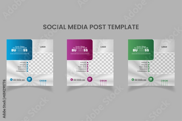 Fototapeta Modern and minimal business social media and instagram post template | Pink, Green and Blue accents 