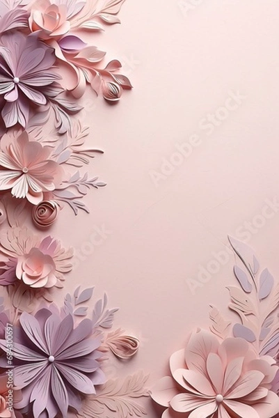 Fototapeta Floral elements on a basic purple paper texture background. Background for party, birthday, wedding or graduation invitation card in purple color with floral elements in soft art style.