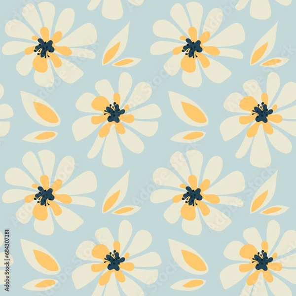 Obraz blue background with simple flowers seamless print. cute rustic pattern with flowers in pastel colors. cozy decor in natural style