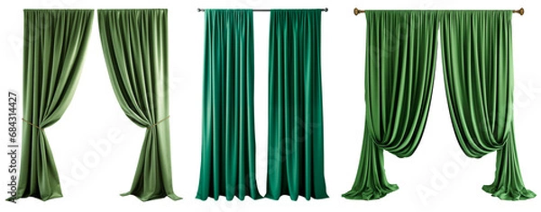 Fototapeta Set/collection of long, velvet, green curtains with pleats. Isolated on a transparent background.