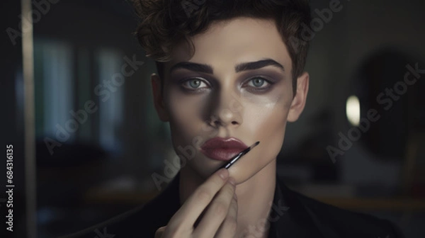 Fototapeta Portrait of young gender fluid non binary person applying make up. Beauty and cosmetics background