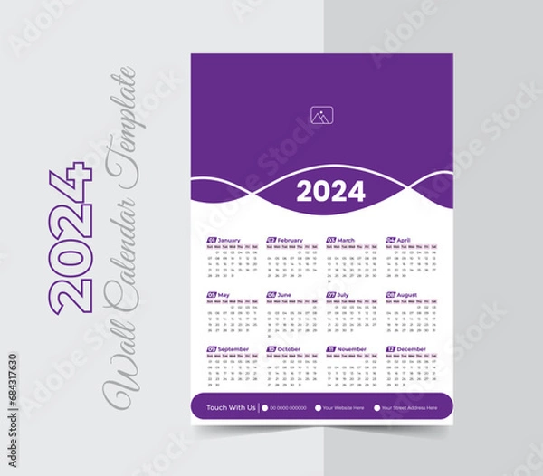 Fototapeta Single page modern wall calendar 2024 design template, happy new year 2024 calendar design, One Page Wall Calendar Design, A4 Size vector