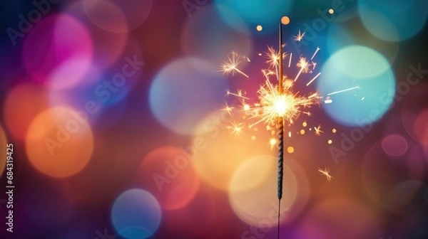 Fototapeta Single sparkler light with bokeh colorful background