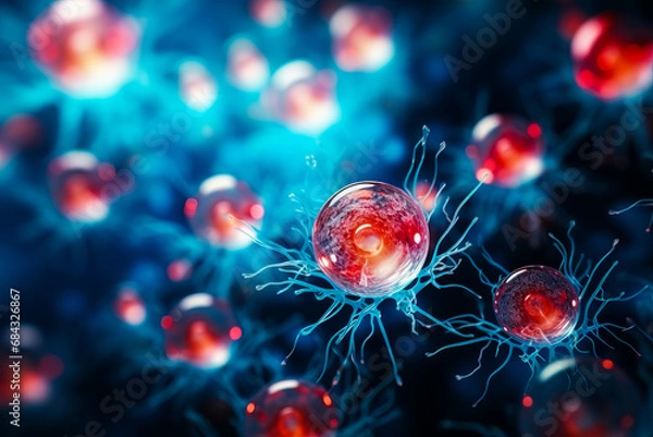 Fototapeta Biological cells, vascular pathways, microbes. Pandemic virus, scarlet blood cells, intercellular networks. A glimpse into the internal workings of the human physique.