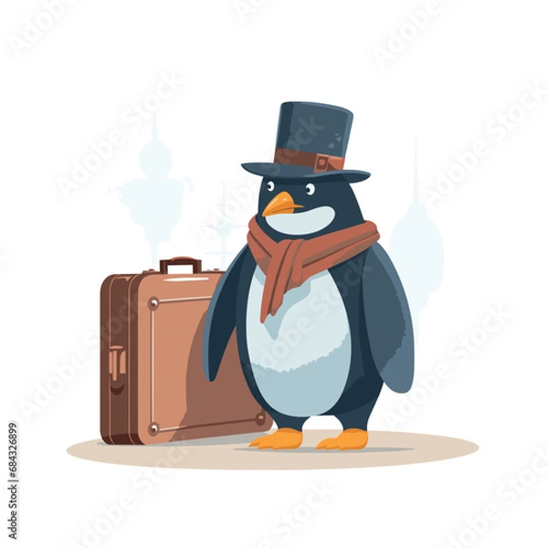Fototapeta Penguin with suitcase hat and scarf isolated on white background, vector