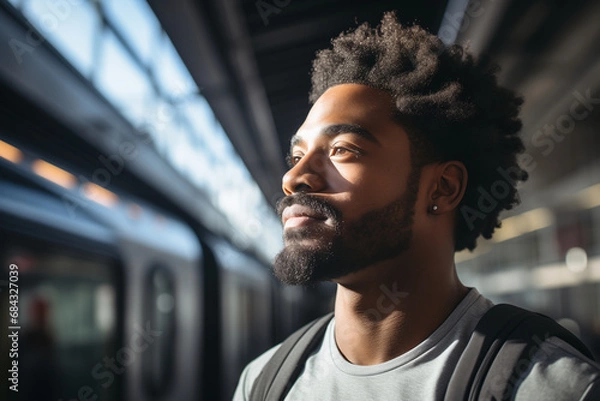 Fototapeta African American Lonely man with long hair against the train in the railway station at the background, Subway station, travel concept, business trip concept.