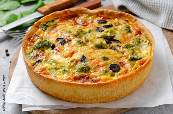 Fototapeta Quiche with Vegetables, Homemade Open Pie, Savory Tart