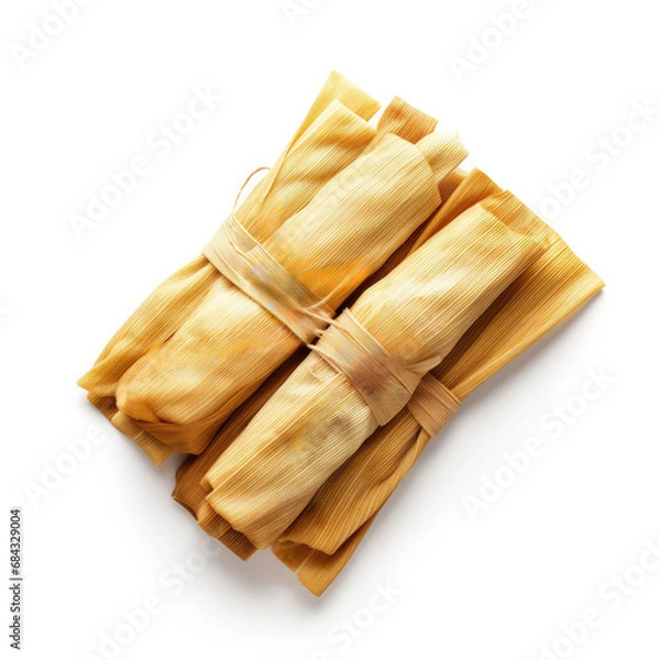 Fototapeta Tamales Wrapped in Corn Husk Christmas or New Year Dish Top View Isolated on White Background 