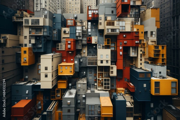 Fototapeta Aerial outlook capturing the city skyline. Symbolization of the real estate and corporate building industry - an expansive panoramic bird's-eye view of the modern city architecture.
