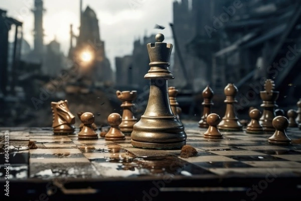 Fototapeta A photograph of a chess board with a variety of chess pieces. 